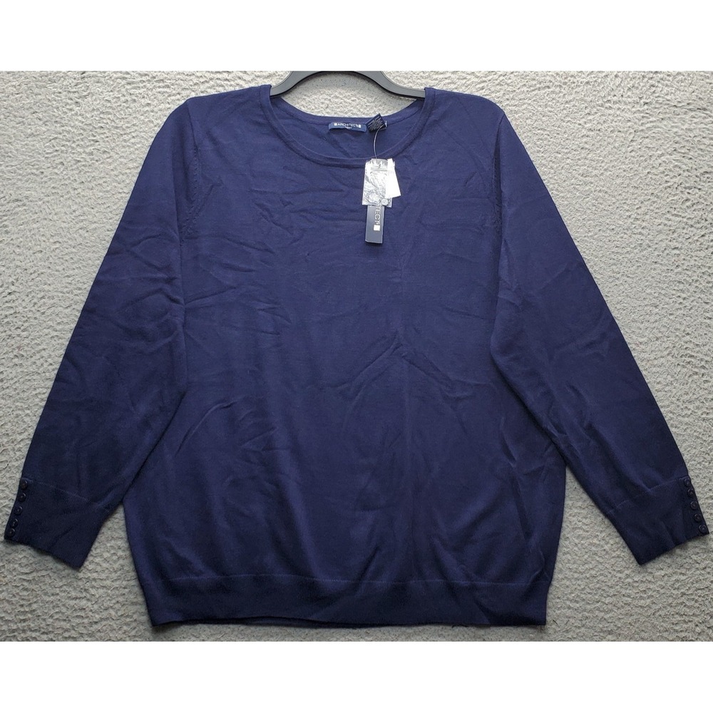 Architect Classic Sweater Womens 3X Navy Button Cuff Sleeve Round Neck Pullover